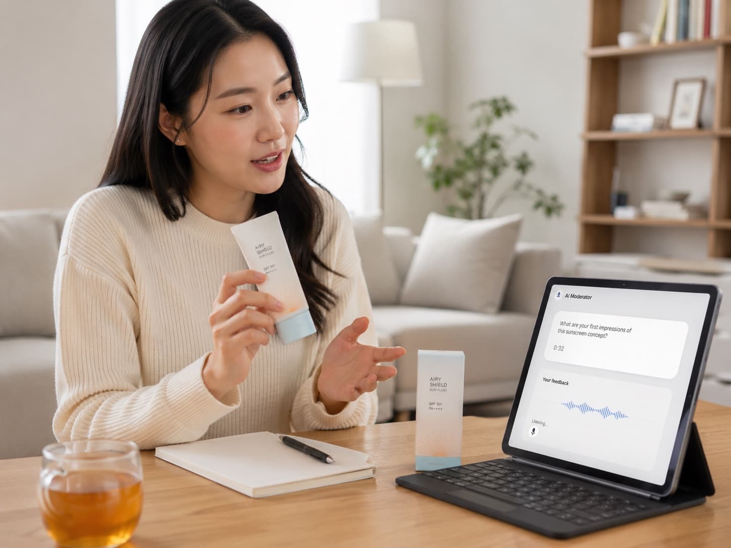 참여자가 선크림 신제품을 들고 태블릿의 AI 모더레이터에게 첫인상을 말하는 모습